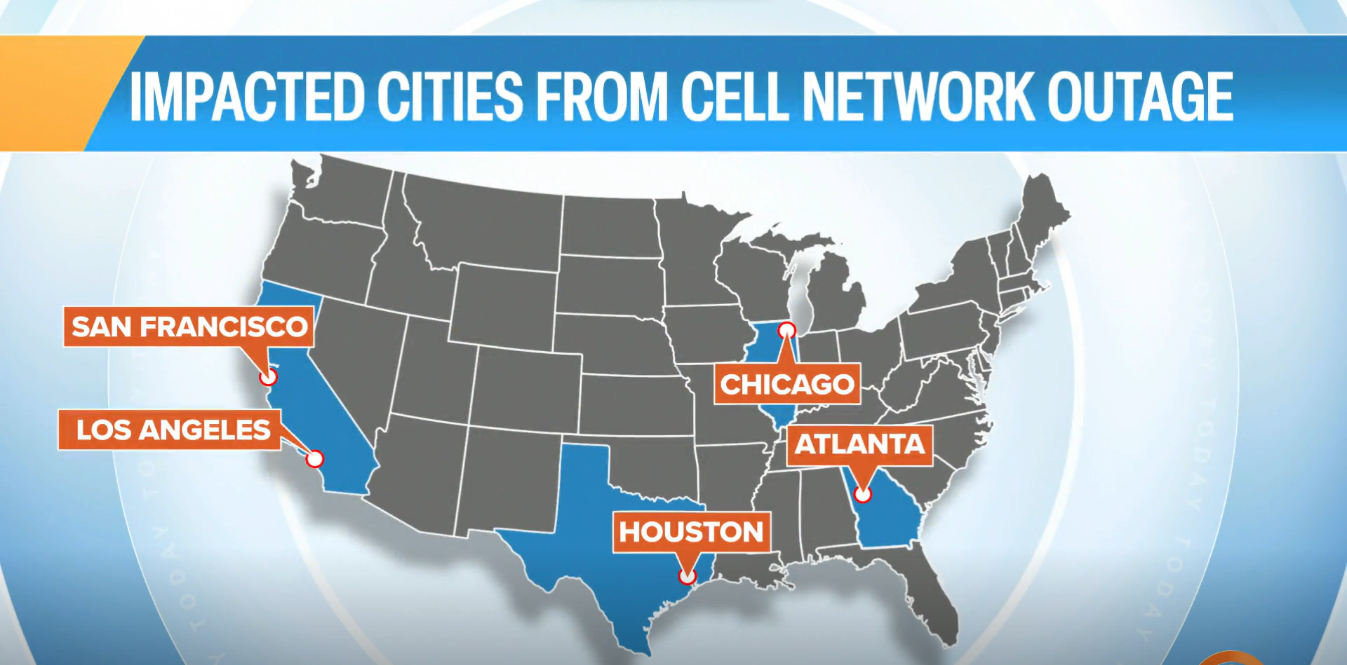 Affected cities by network cellular outage in us